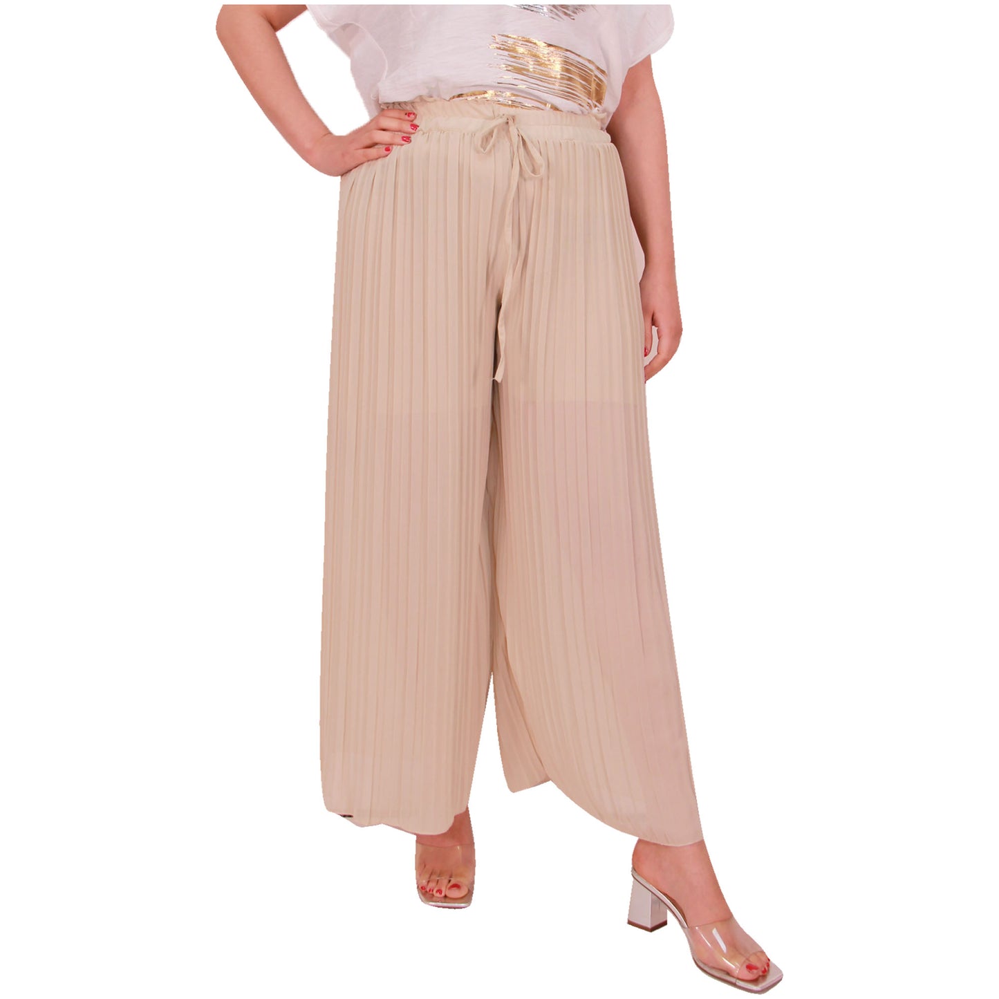 Flowy and Chic: Women's Pleated Palazzo Pants with Wide Legs and Chiffon Fabric for Office and Casual Wear