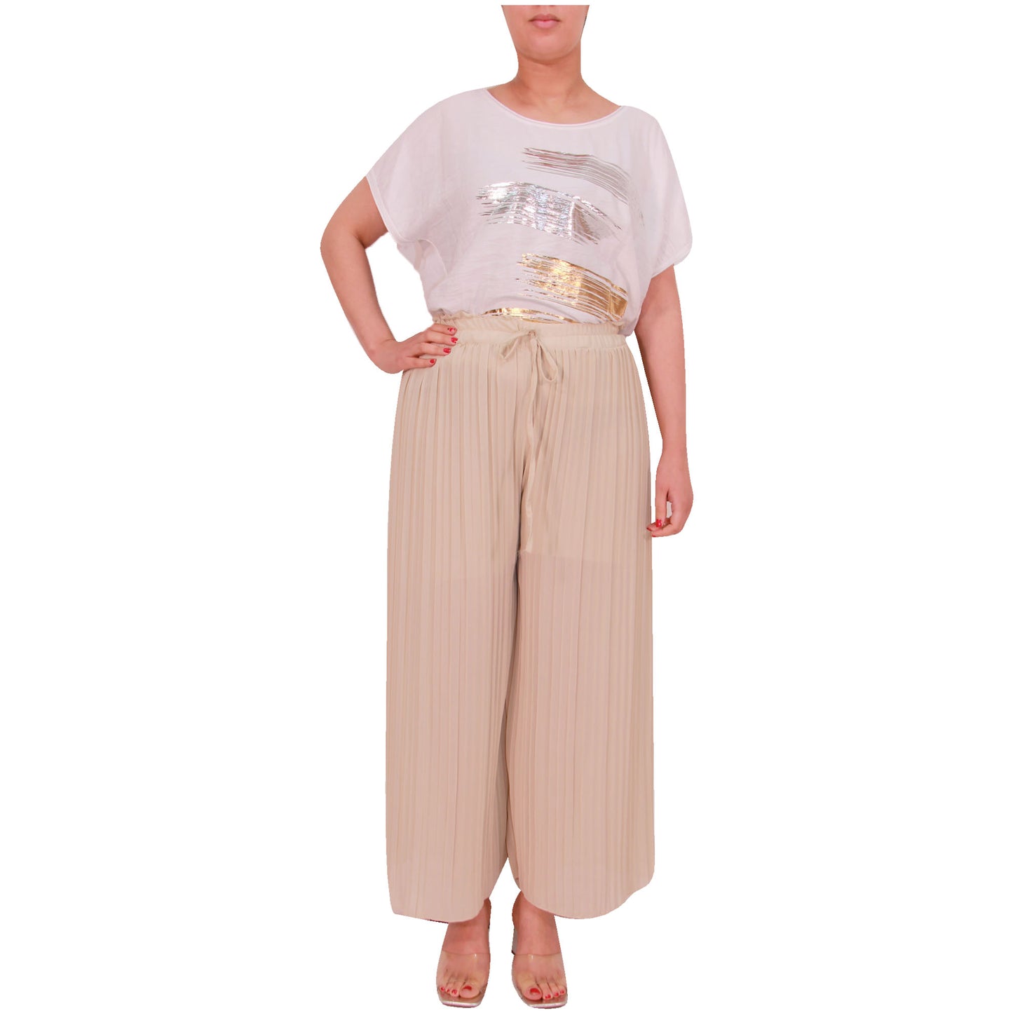 Flowy and Chic: Women's Pleated Palazzo Pants with Wide Legs and Chiffon Fabric for Office and Casual Wear