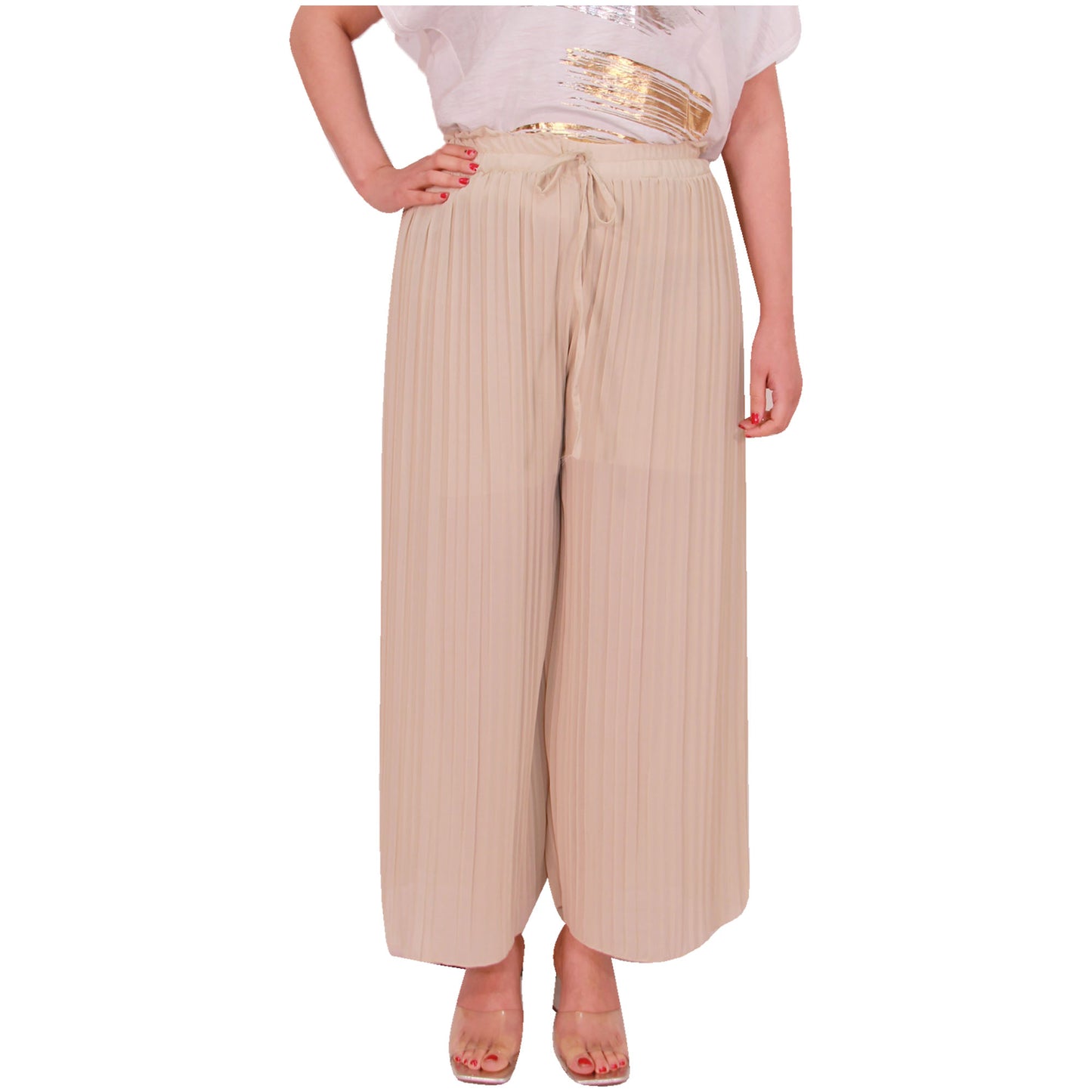 Flowy and Chic: Women's Pleated Palazzo Pants with Wide Legs and Chiffon Fabric for Office and Casual Wear