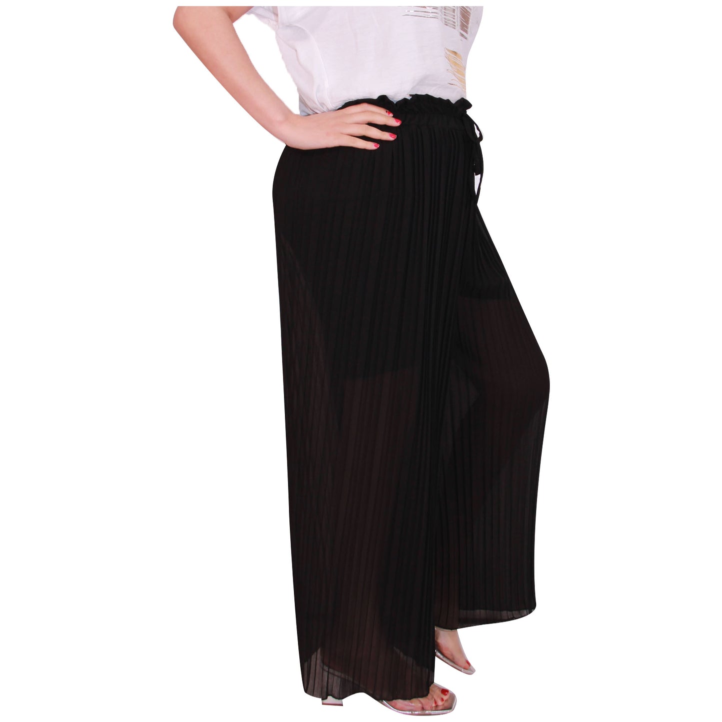Flowy and Chic: Women's Pleated Palazzo Pants with Wide Legs and Chiffon Fabric for Office and Casual Wear