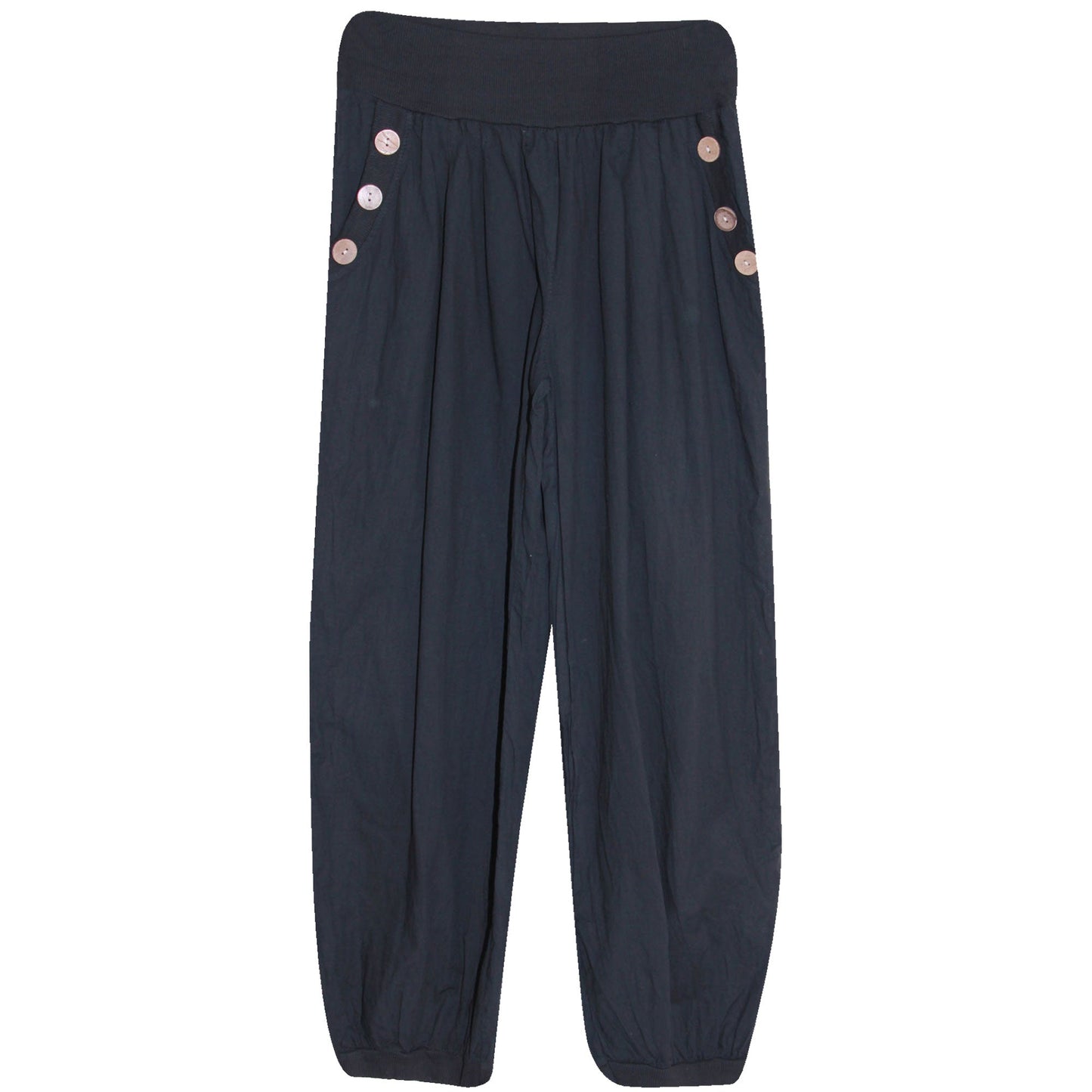 Sarouel en coton pour femme : taille élastiquée avec bouton en bois