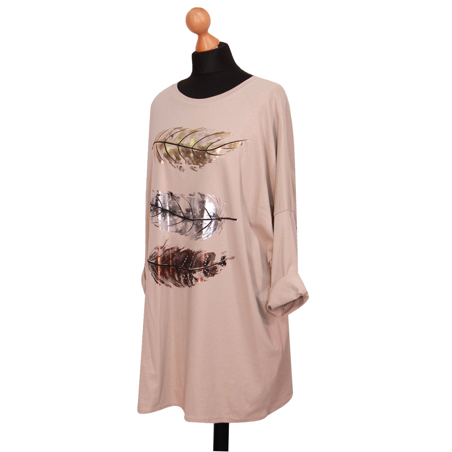 Women Feather Print Top Ladies Plus Size Foil Shirt