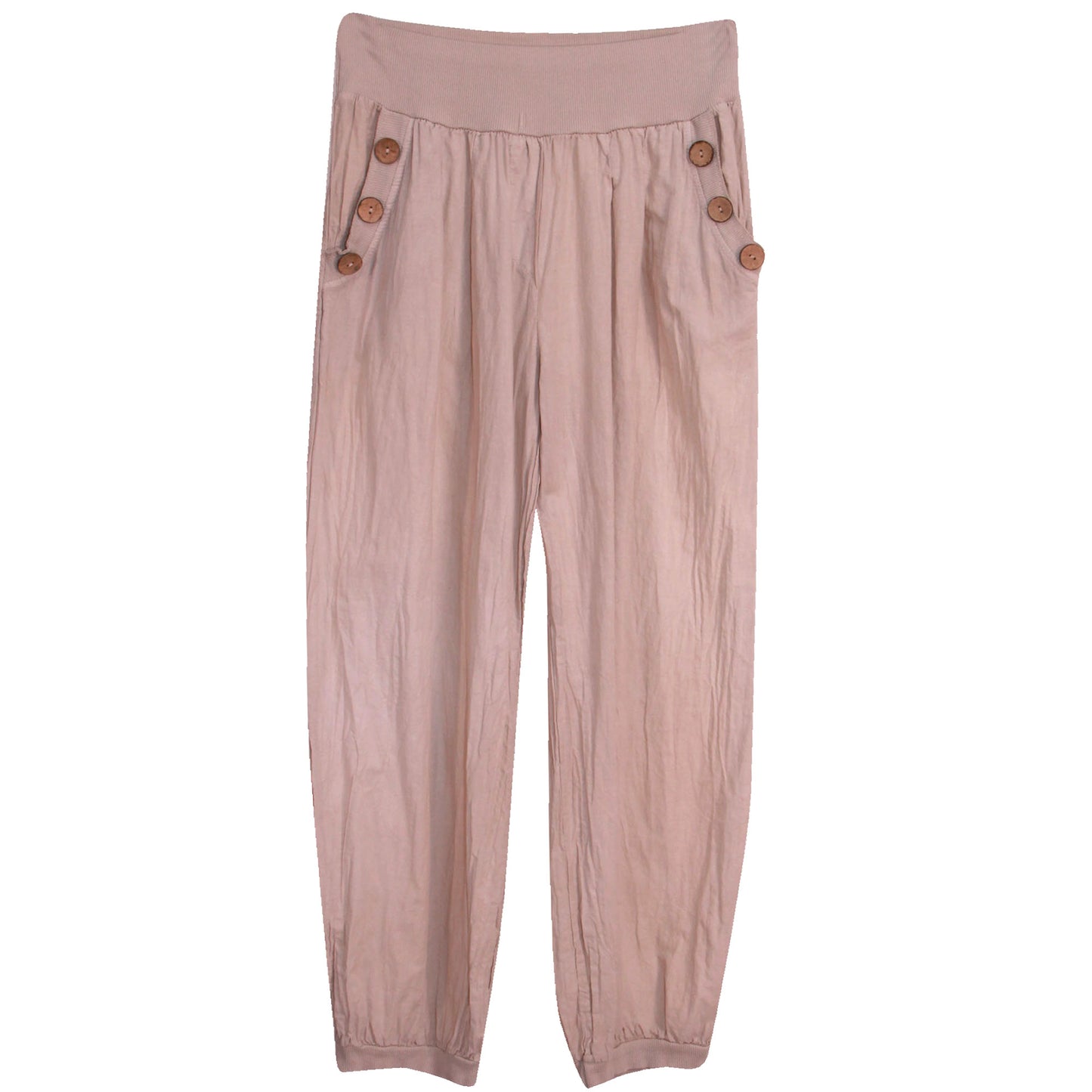 Katoenen harembroek voor dames: elastische taille met houten knoopdetail