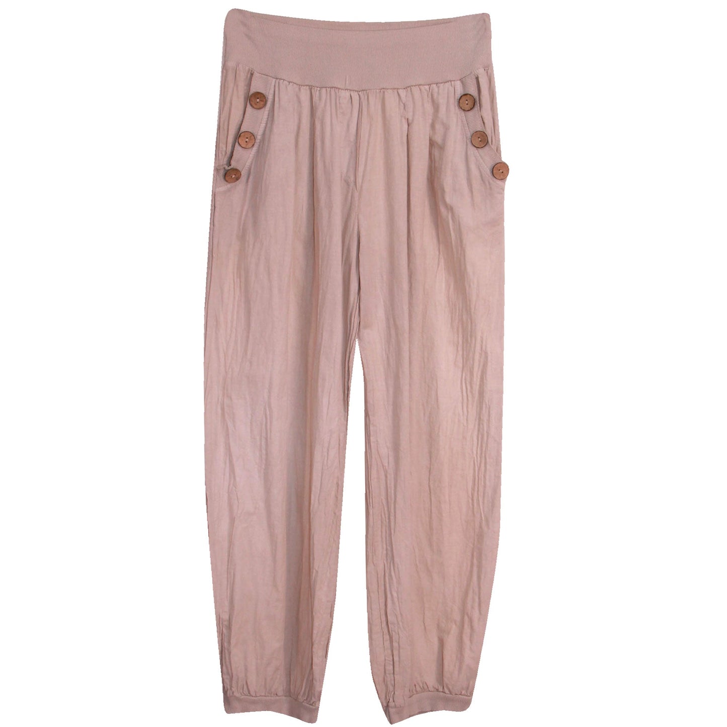 Sarouel en coton pour femme : taille élastiquée avec bouton en bois