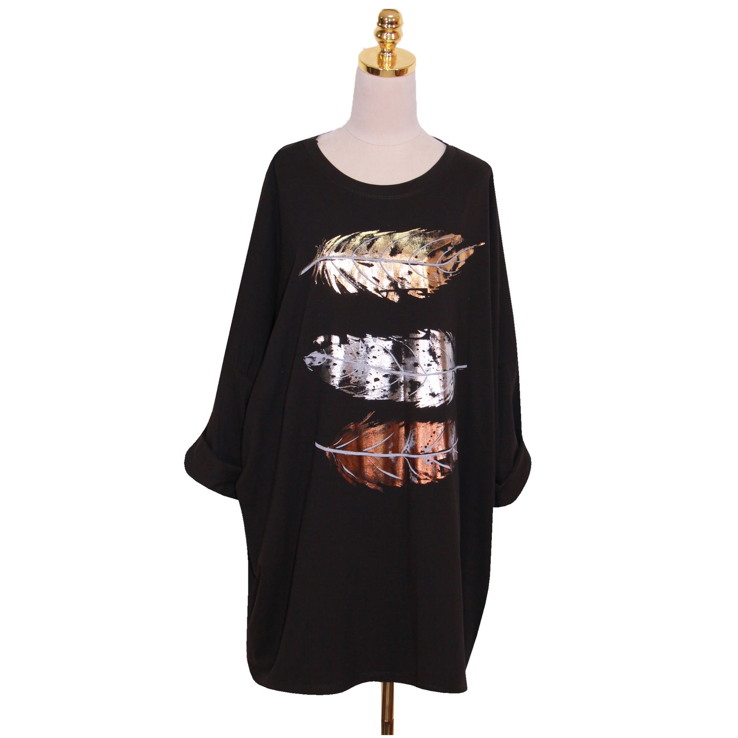 Women Feather Print Top Ladies Plus Size Foil Shirt