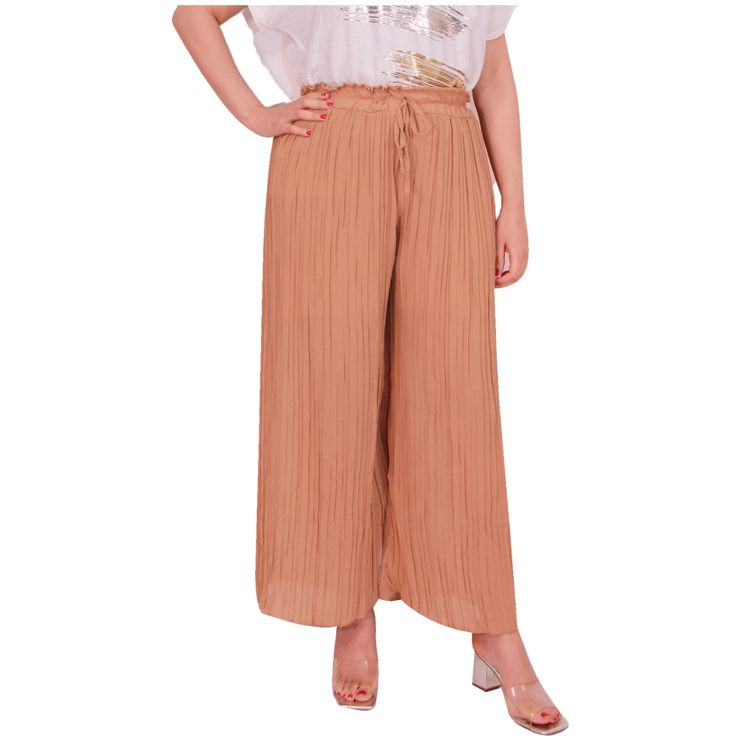 Flowy and Chic: Women's Pleated Palazzo Pants with Wide Legs and Chiffon Fabric for Office and Casual Wear