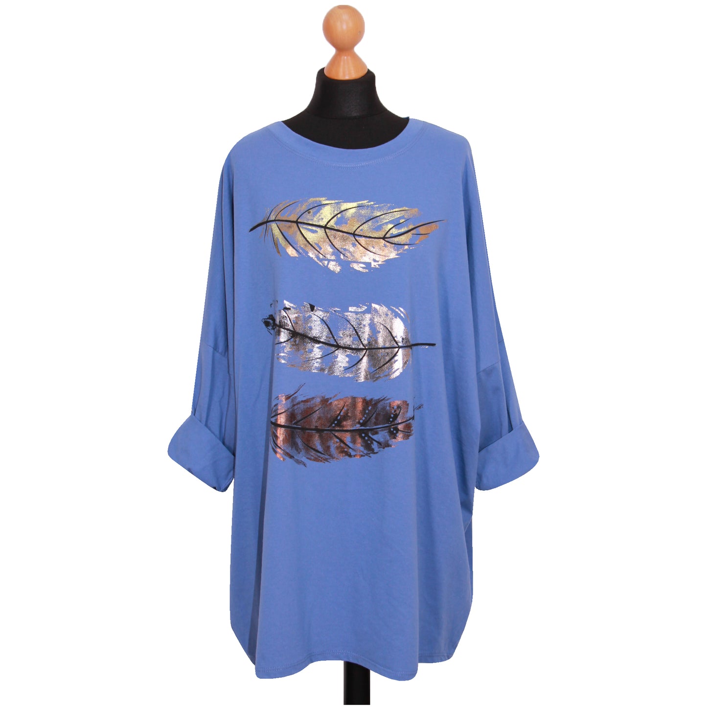 Women Feather Print Top Ladies Plus Size Foil Shirt