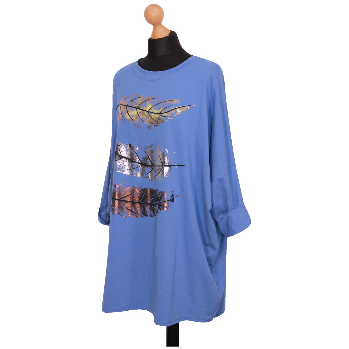 Women Feather Print Top Ladies Plus Size Foil Shirt