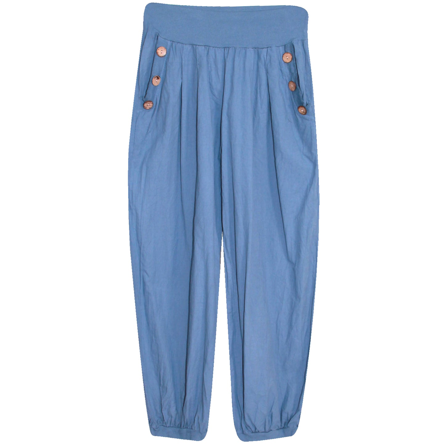 Katoenen harembroek voor dames: elastische taille met houten knoopdetail