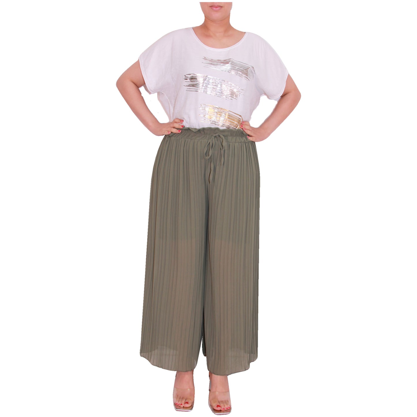 Flowy and Chic: Women's Pleated Palazzo Pants with Wide Legs and Chiffon Fabric for Office and Casual Wear