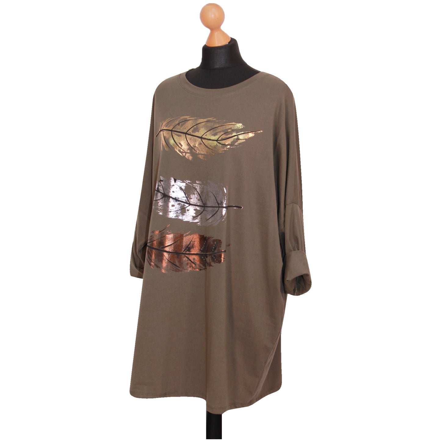 Women Feather Print Top Ladies Plus Size Foil Shirt