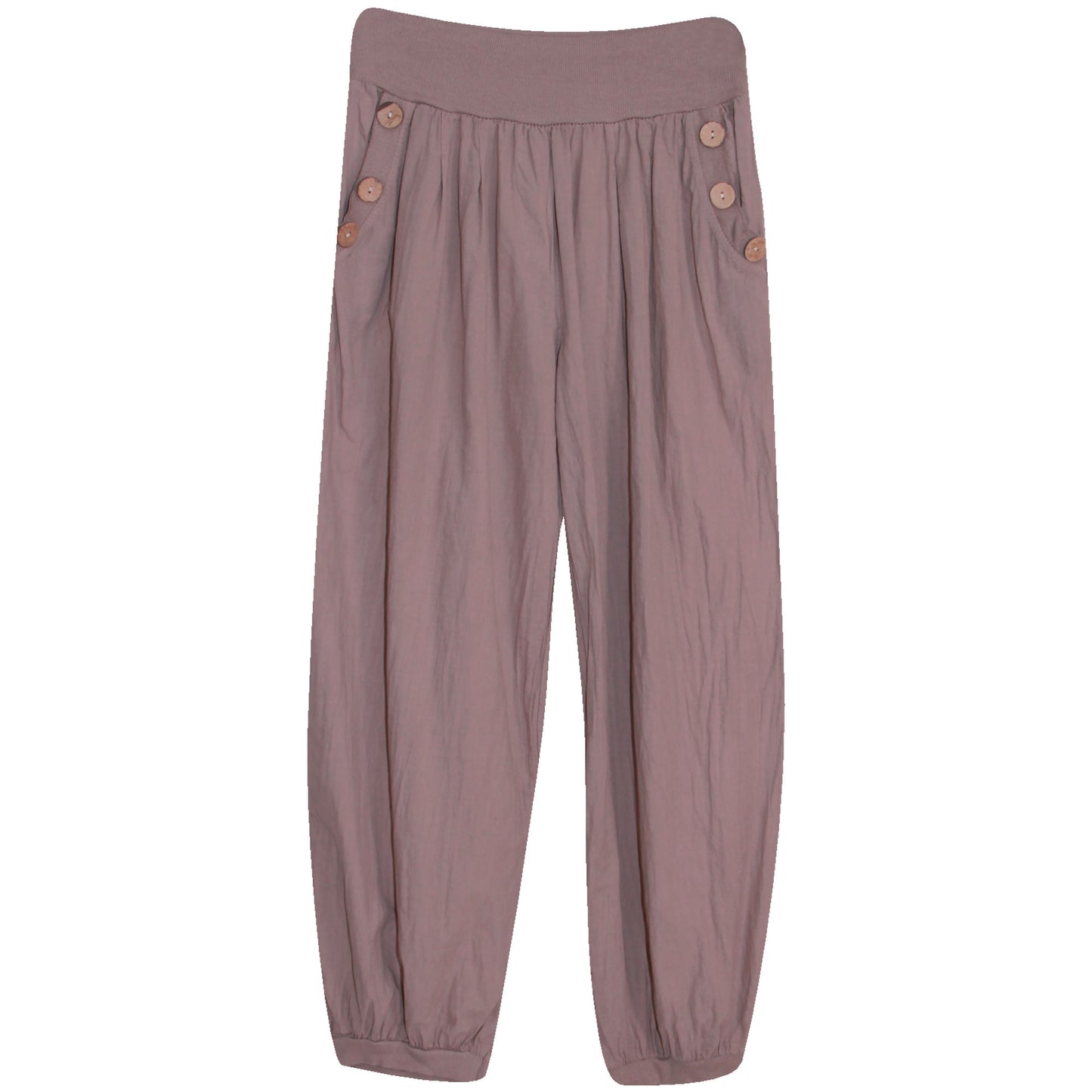 Katoenen harembroek voor dames: elastische taille met houten knoopdetail