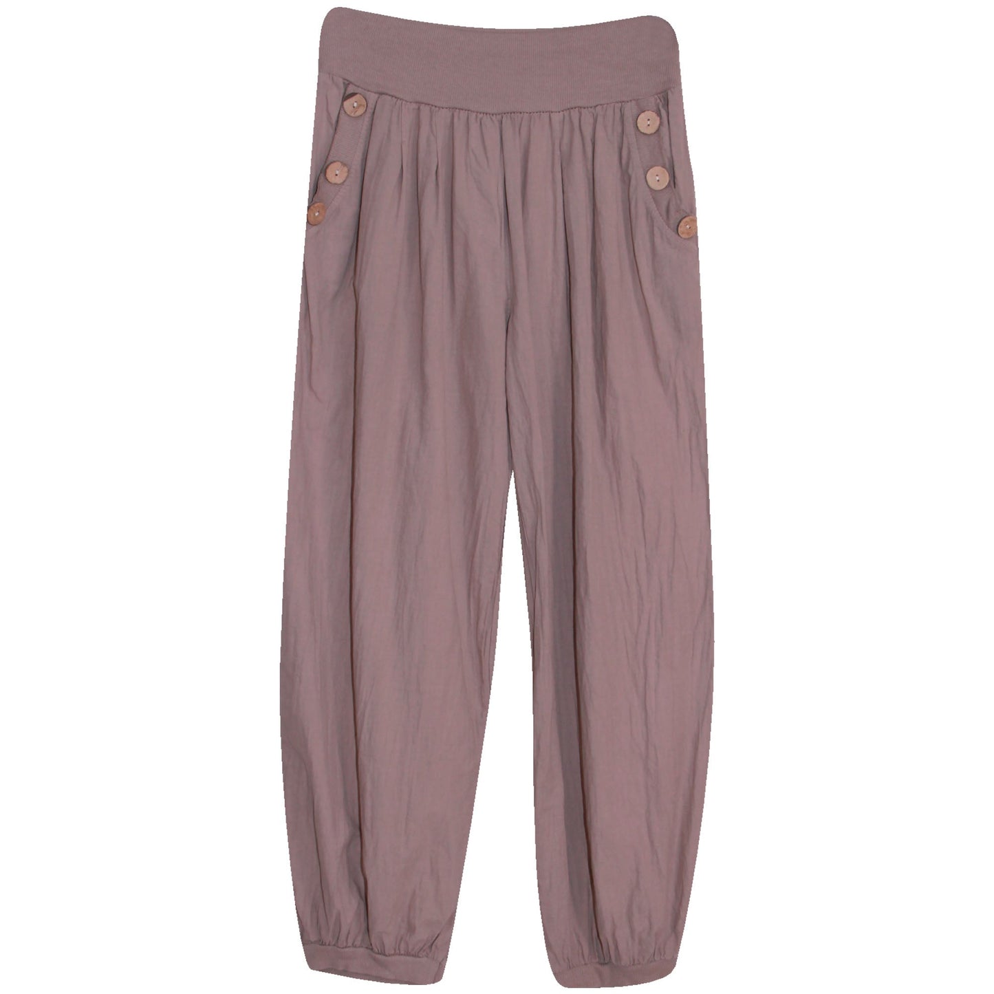 Sarouel en coton pour femme : taille élastiquée avec bouton en bois