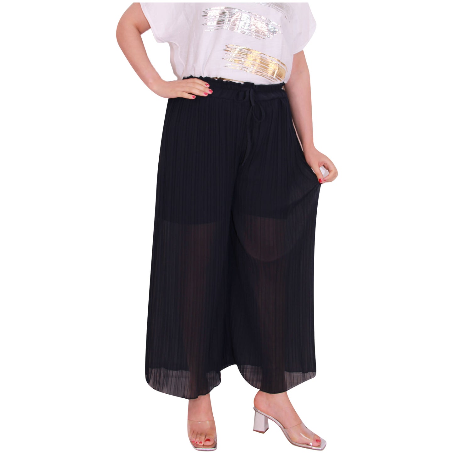 Flowy and Chic: Women's Pleated Palazzo Pants with Wide Legs and Chiffon Fabric for Office and Casual Wear
