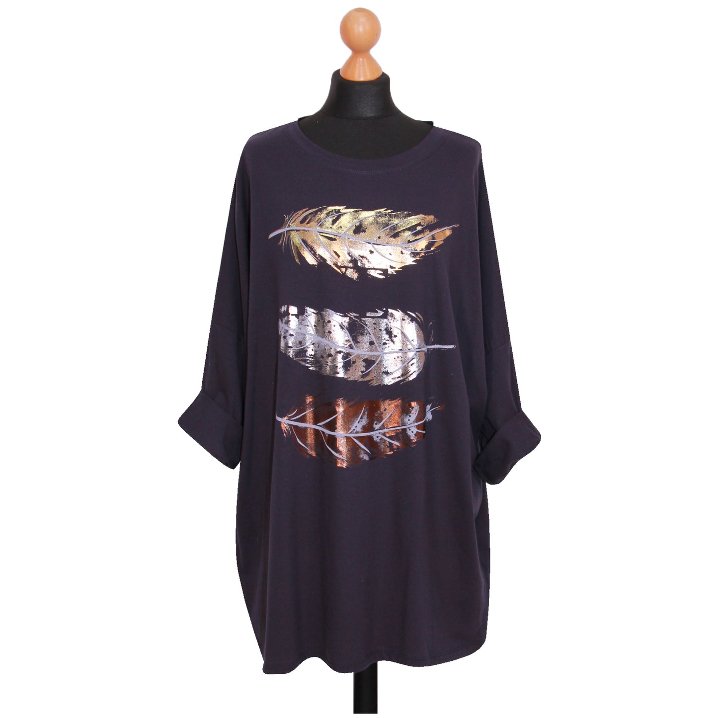 Women Feather Print Top Ladies Plus Size Foil Shirt