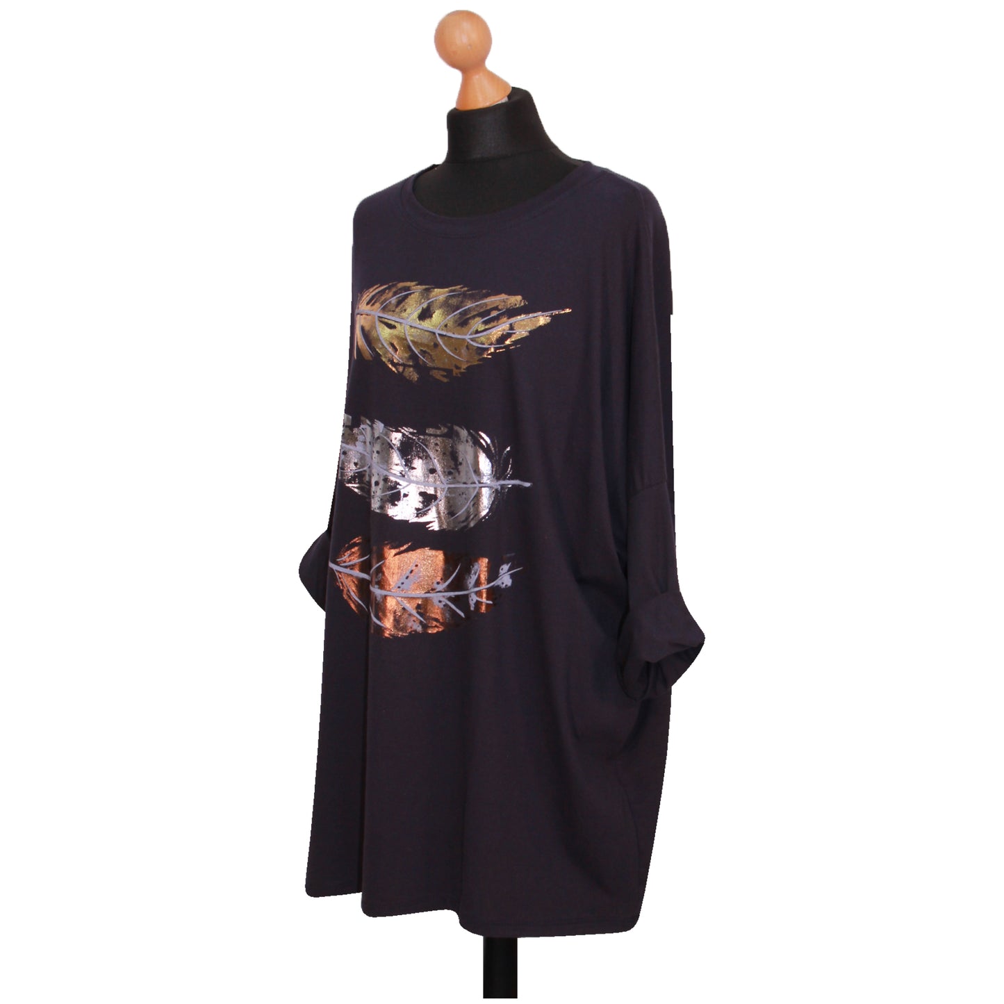 Women Feather Print Top Ladies Plus Size Foil Shirt