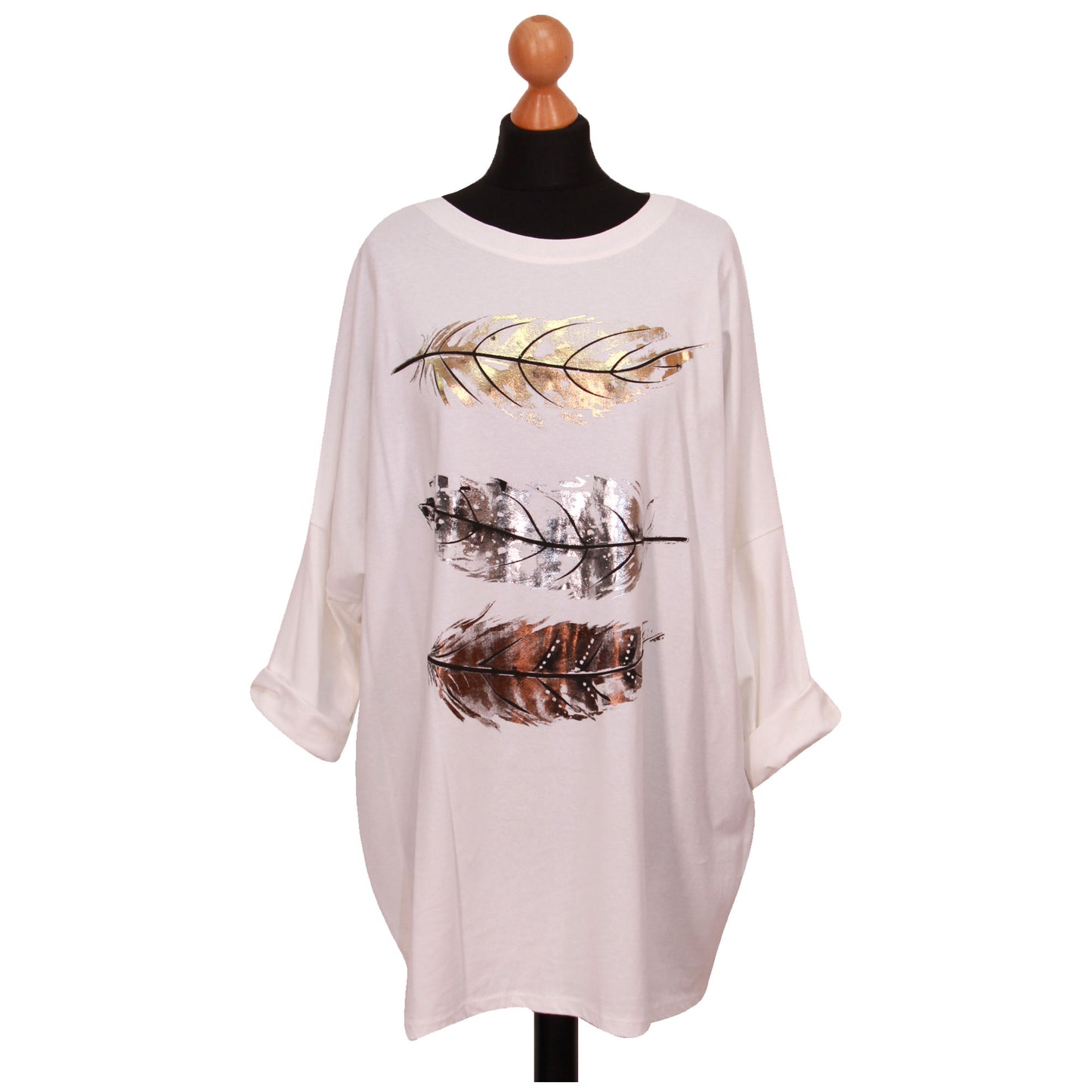 Women Feather Print Top Ladies Plus Size Foil Shirt