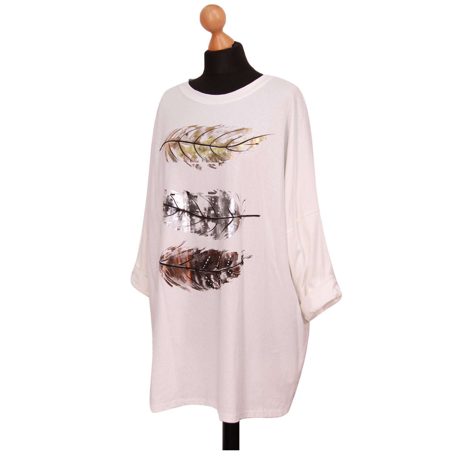Women Feather Print Top Ladies Plus Size Foil Shirt