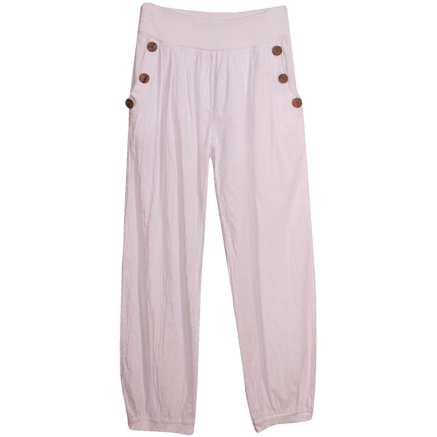 Sarouel en coton pour femme : taille élastiquée avec bouton en bois