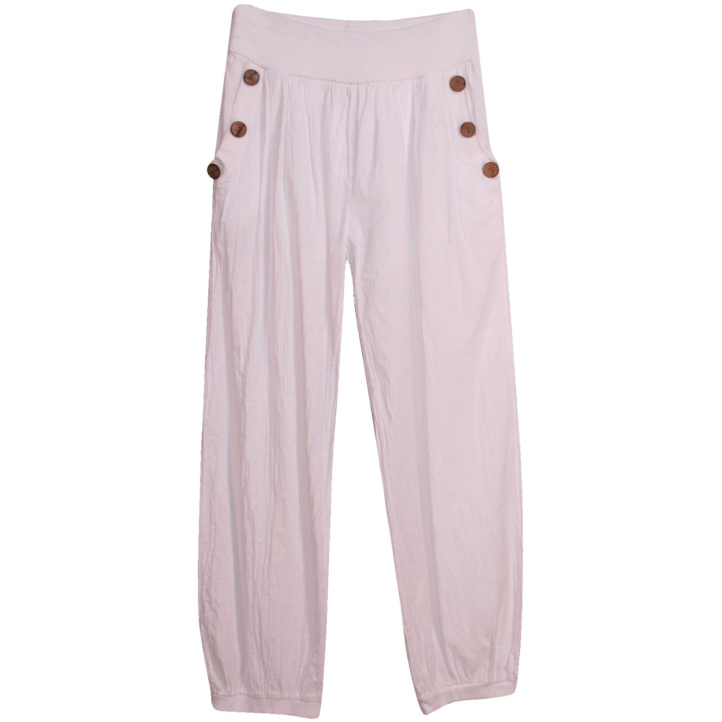 Katoenen harembroek voor dames: elastische taille met houten knoopdetail