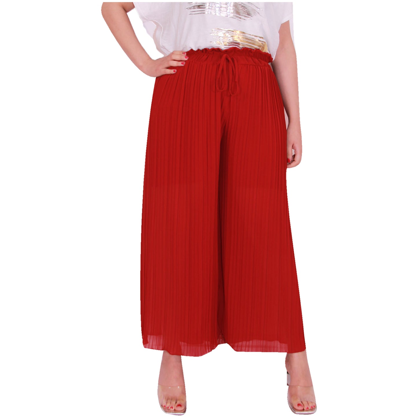 Flowy and Chic: Women's Pleated Palazzo Pants with Wide Legs and Chiffon Fabric for Office and Casual Wear