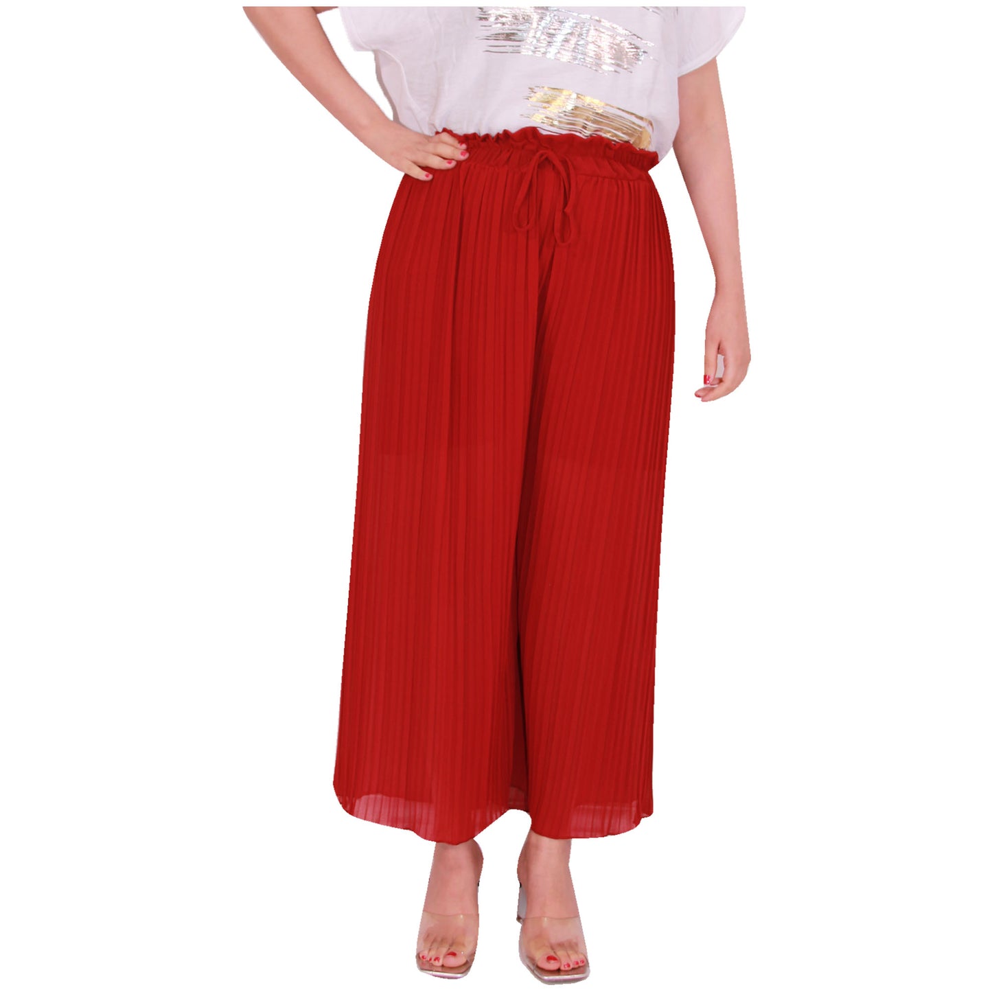Flowy and Chic: Women's Pleated Palazzo Pants with Wide Legs and Chiffon Fabric for Office and Casual Wear