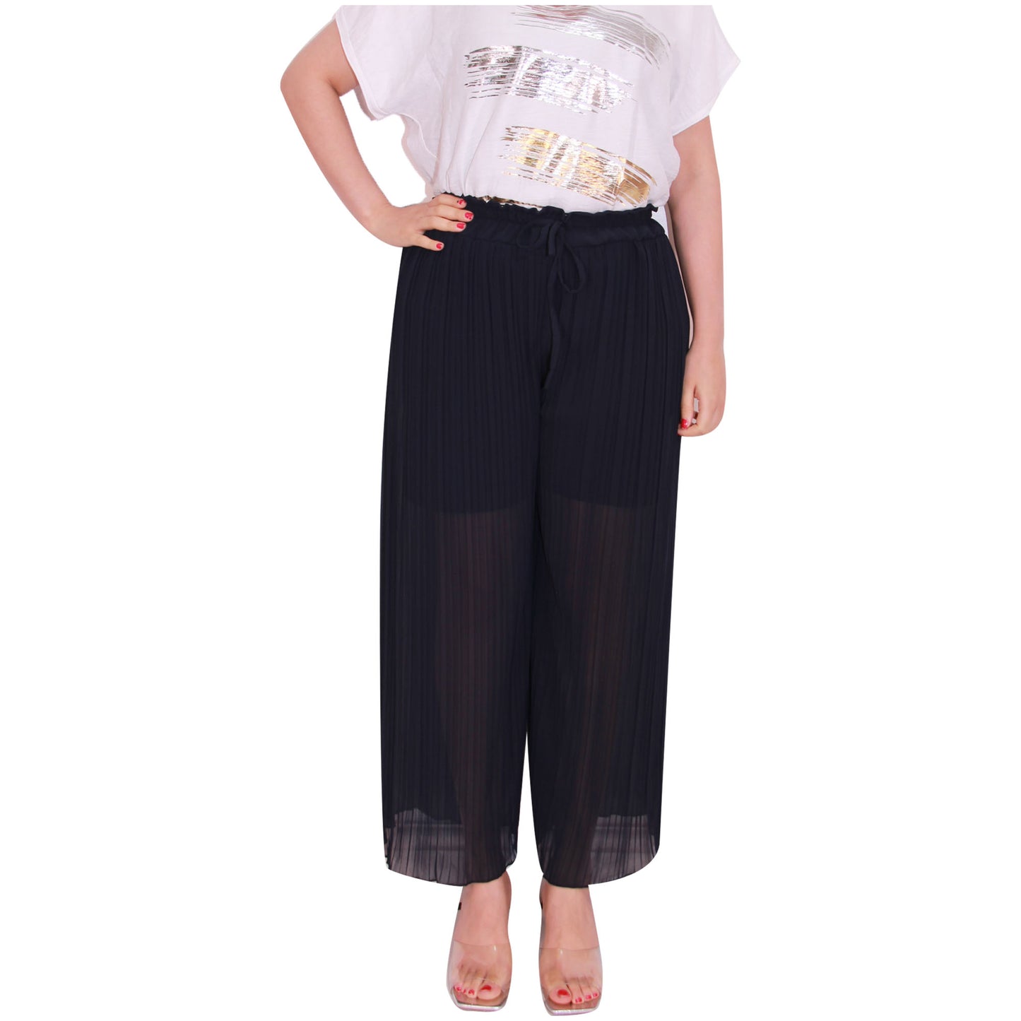 Flowy and Chic: Women's Pleated Palazzo Pants with Wide Legs and Chiffon Fabric for Office and Casual Wear
