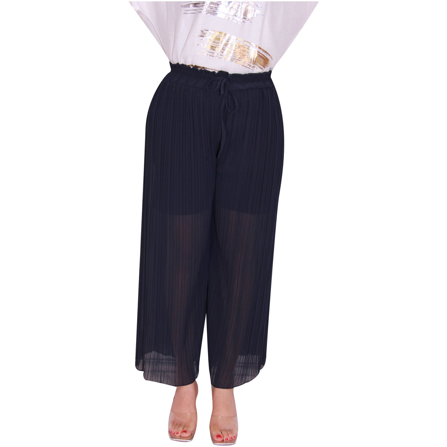 Flowy and Chic: Women's Pleated Palazzo Pants with Wide Legs and Chiffon Fabric for Office and Casual Wear