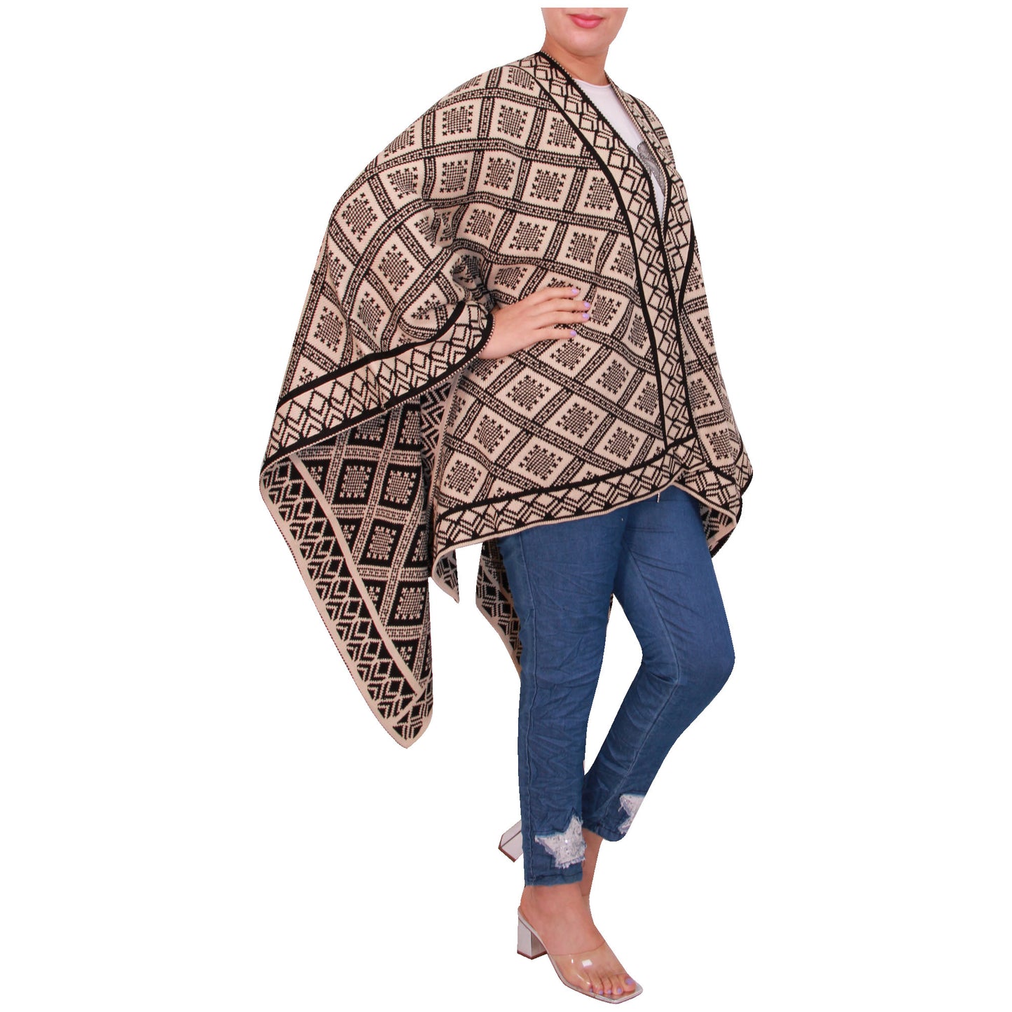 Damessjaal dames gebreid Wikkelponcho meisjes Sjaal warm geschenk Bedrukte Schotse ruit Open Vest Aztec aanwezig