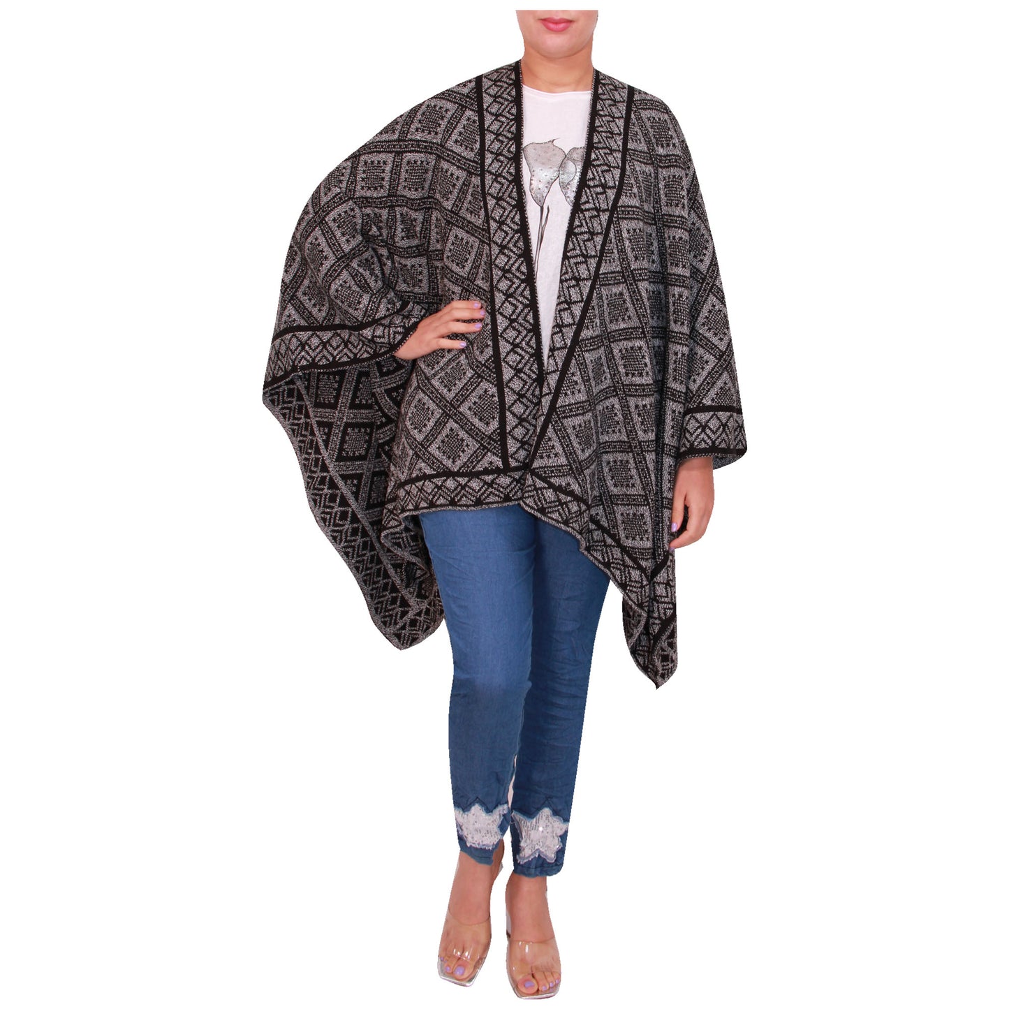 Damessjaal dames gebreid Wikkelponcho meisjes Sjaal warm geschenk Bedrukte Schotse ruit Open Vest Aztec aanwezig