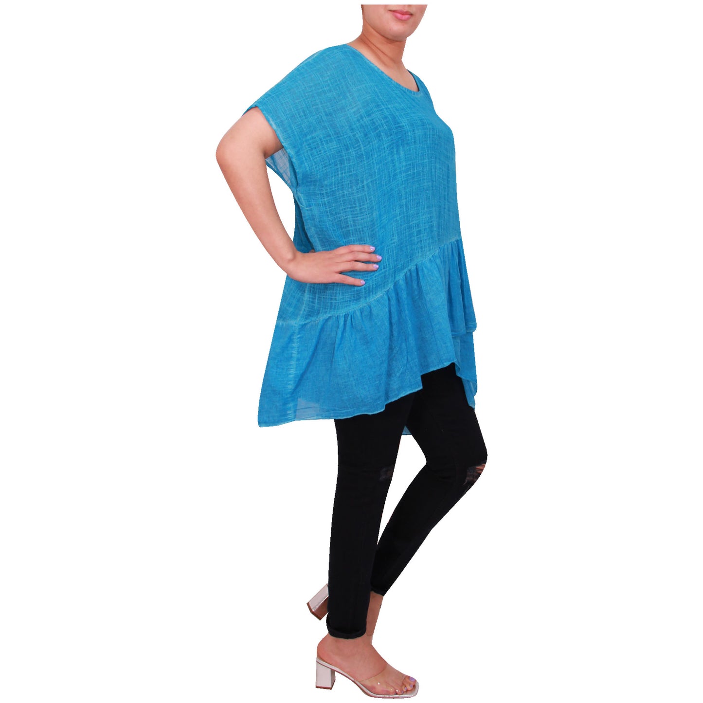 Haut italien pour femmes Haut tunique en coton excentrique avec ourlet à volants pour femmes