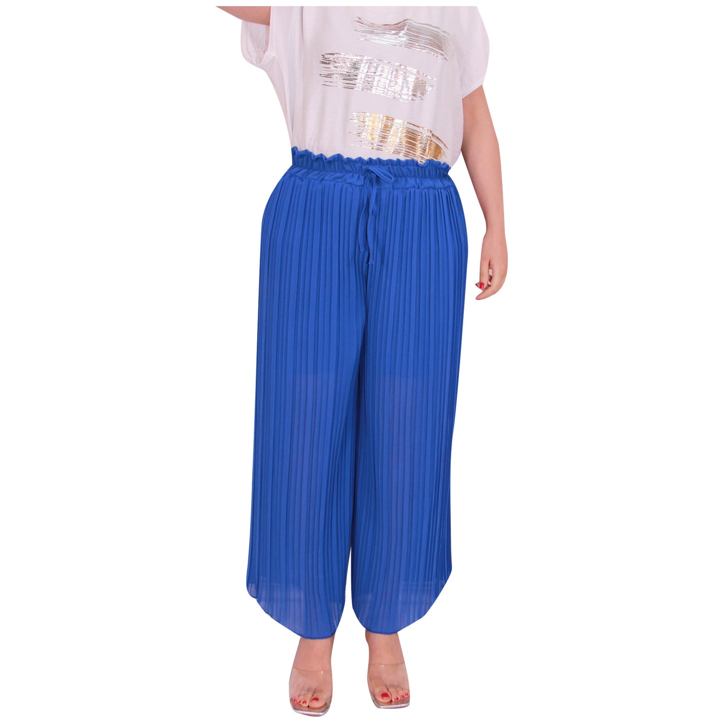 Fluide et chic : pantalon palazzo plissé pour femme avec jambes larges et tissu en mousseline pour le bureau et les tenues décontractées