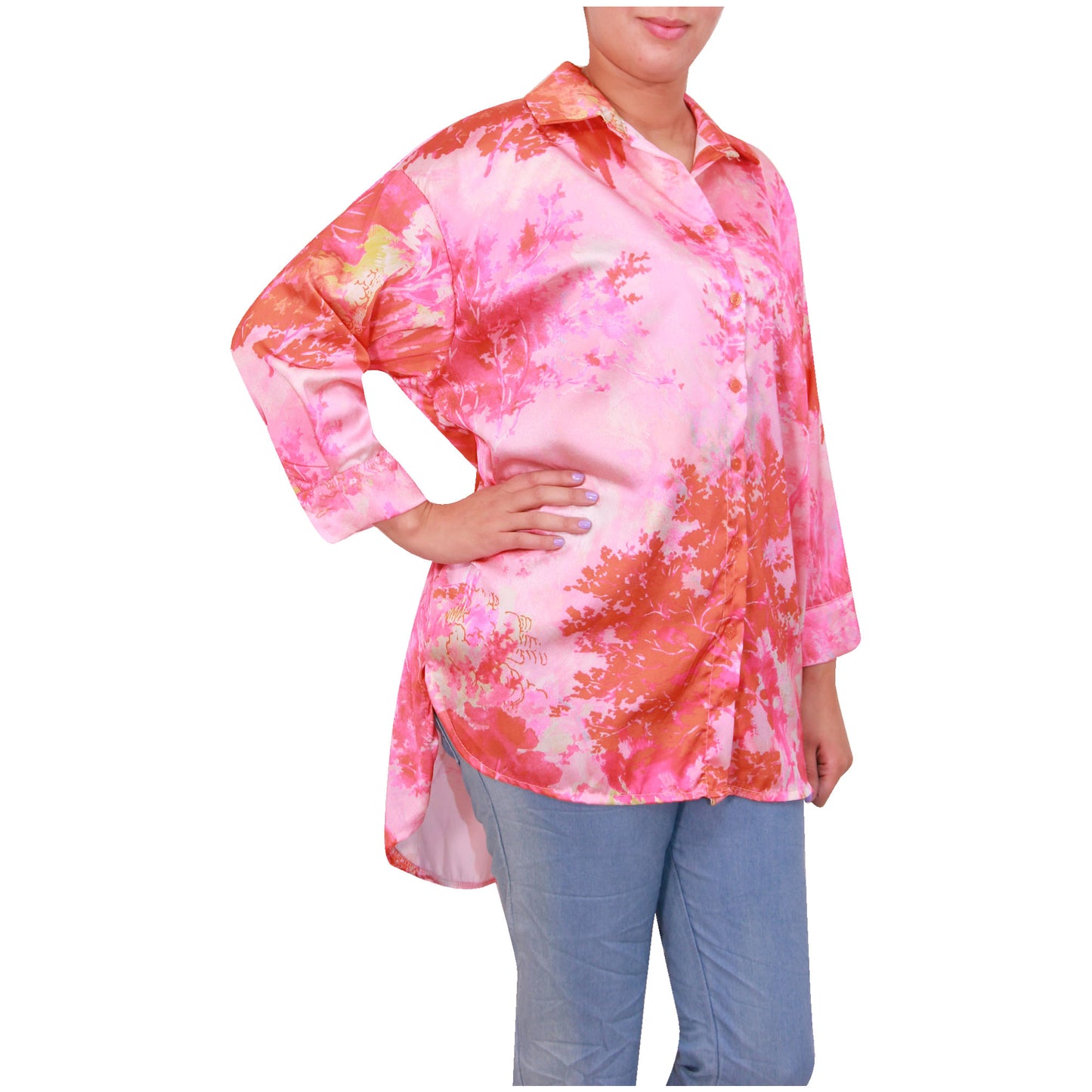 Women Printed Shirt Ladies blouse girls button opening printed long sleeve satin top